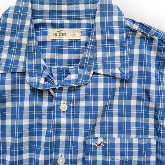 Hollister Blue/White Plaid Long Sleeve Casual Button Down Shirt Men Sz L - Picture 4 of 4